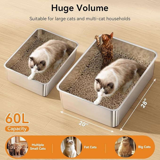 2 Pack XXXL Stainless Steel Litter Box,28" L*20" W*12.5" H Large Capacity Metal Cat Litter Box for Big & Multiple Cats,Anti-Leakage,Non-Stick Surface for Easy Cleaning,Odor-Resistant