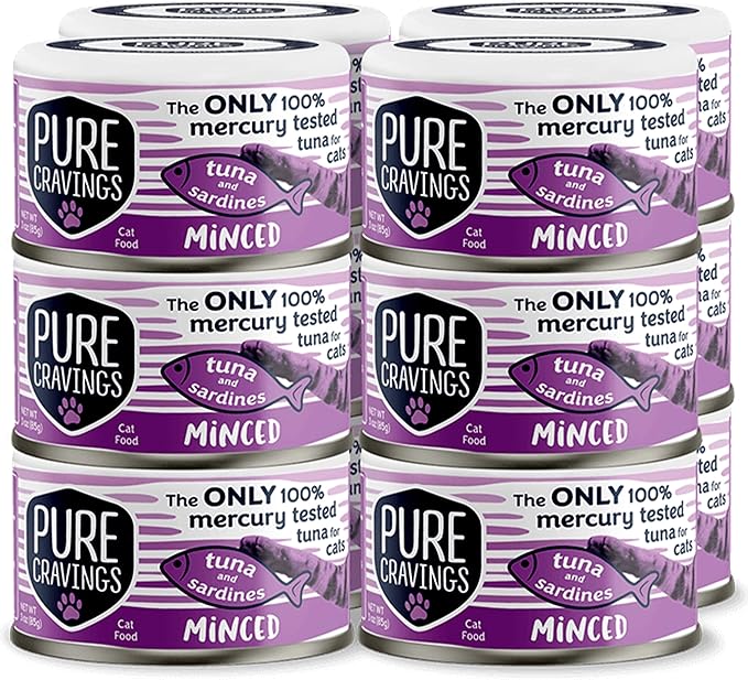 Pure Cravings Minced Tuna and Sardines Wet Canned Cat Food, 100% Mercury-Tested, Moist Can Fish for Cats, Grain-Free, Protein, Non-GMO, 3oz, Pack of 12