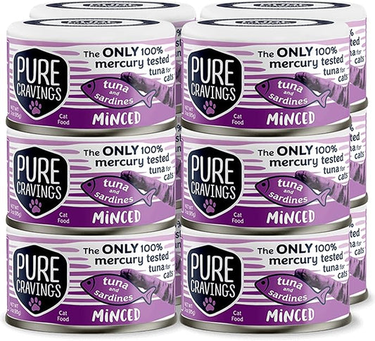 Pure Cravings Minced Tuna and Sardines Wet Canned Cat Food, 100% Mercury-Tested, Moist Can Fish for Cats, Grain-Free, Protein, Non-GMO, 3oz, Pack of 12