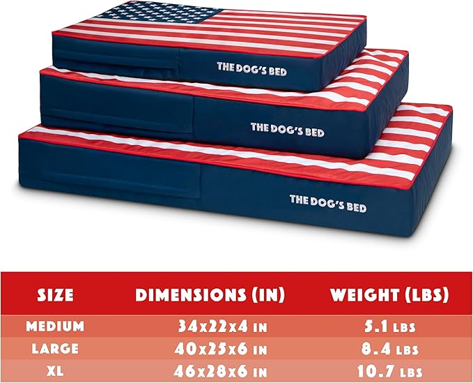 The Dog’s Bed Orthopedic Memory Foam Dog Bed, Large Blue & Red Trim USA Center Flag 40x25,Pain Relief for Arthritis, Hip & Elbow Dysplasia, Post Surgery, Supportive, Calming, Waterproof Washable