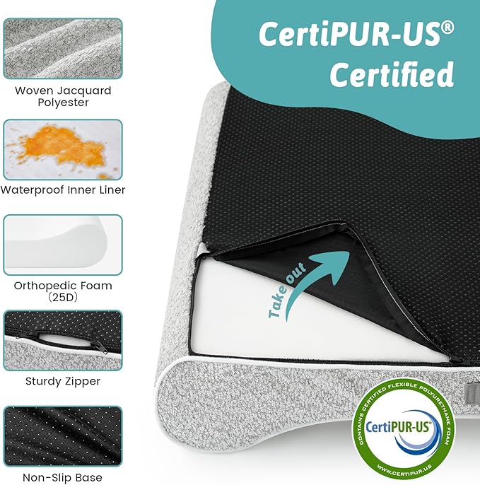 Orthopedic Dog Bed for Large Dogs up to 90 lbs - Removable Cover with Waterproof Lining & Non-Skid Bottom, Cotton-Polyester Blend Boat-Shaped Lounger Mattress, L(45x30x6in), Light Gray