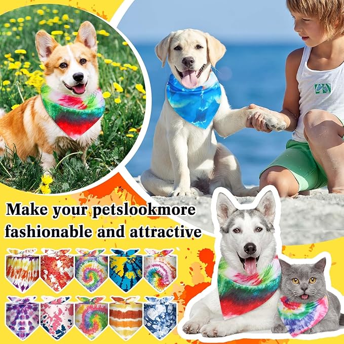 Geyoga 240 Pcs Halloween Dog Bandanas Bulk Thanksgiving Pet Bandanas Adjustable Fall Triangle Dog Grooming Scarf Bibs Kerchief for Small Medium Large Cats Pet Costume A(Tie Dye)