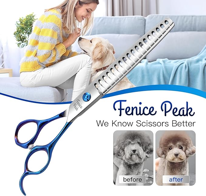Fenice Peak 4PCS Dog Grooming Scissors Set Ergonomically Designed Blue Handles Ideal Dog Shears for Precise Trimming Easy Use with Comb.