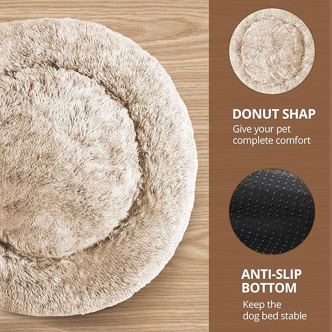 JOLLYVOGUE Calming Dog & Cat Bed for Small Dogs, Anti-Anxiety Donut Cuddler Cozy Soft Round Bed with Anti-Slip Bottom, Fluffy Faux Fur Plush Cushion Beds for Small Medium Dogs (20")