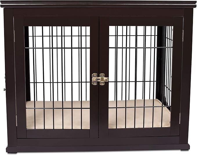 Internet's Best Decorative Dog Kennel with Pet Bed | Double Door | Wooden Wire Dog House | Large Indoor Pet Crate Side Table | Espresso