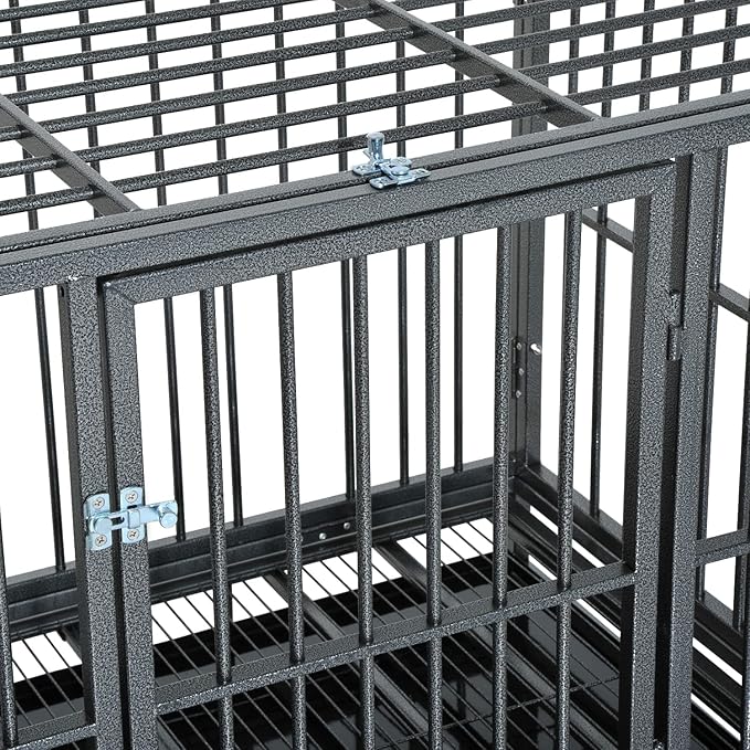 PawHut 43" Heavy Duty Dog Crate Metal Cage Kennel with Lockable Wheels, Double Door and Removable Tray, Gray