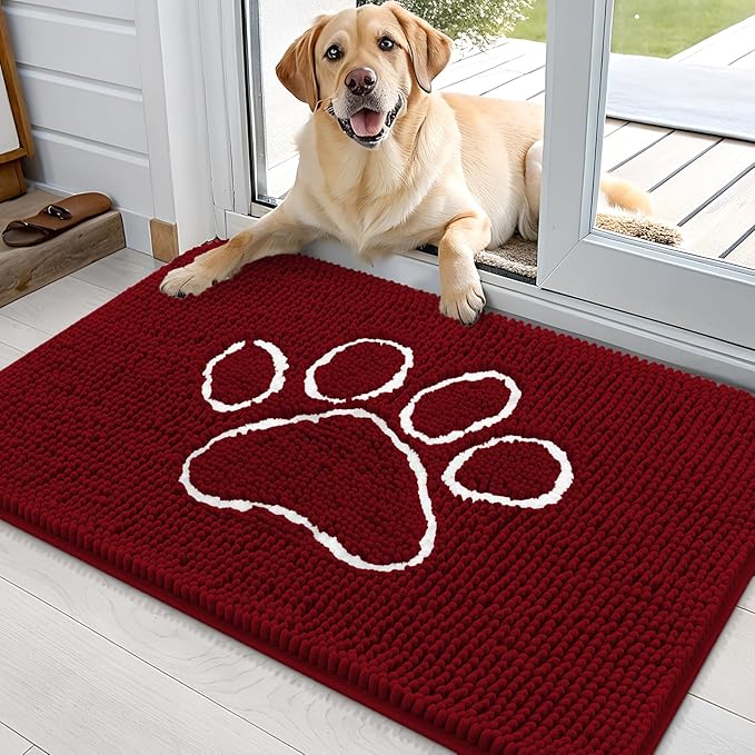 OLANLY Dog Door Mat for Muddy Paws 36x24, Paw Print Design, Absorbs Moisture and Dirt, Absorbent Non-Slip Washable Doormat, Quick Dry Chenille Mud Mat for Dogs, Entry Indoor Entryway Carpet, Red