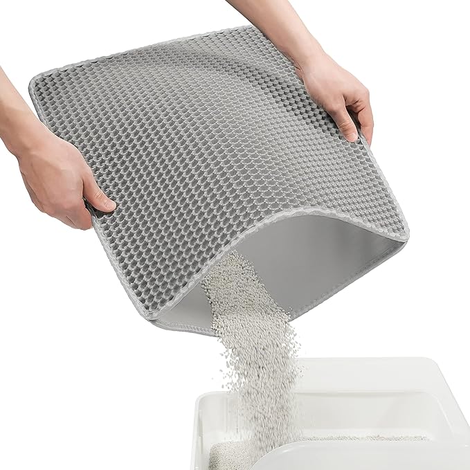 Cat Litter Mat Cat Litter Trapping Mat, 18 x 12 inch Honeycomb Double Layer Design, Urine and Water Proof Material, Scatter Control, Less Waste, Easier to Clean, Washable Gray