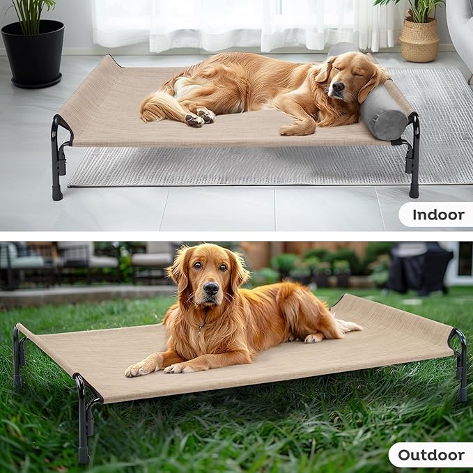 Veehoo Large Elevated Dog Bed, Outdoor Raised Dog Cot Hammock Bed with One-Sided Removable Headrest Bolster, Cooling Breathable Washable Teslin Mesh, Off Ground, Anti-Slip, L, CWC2204BCP