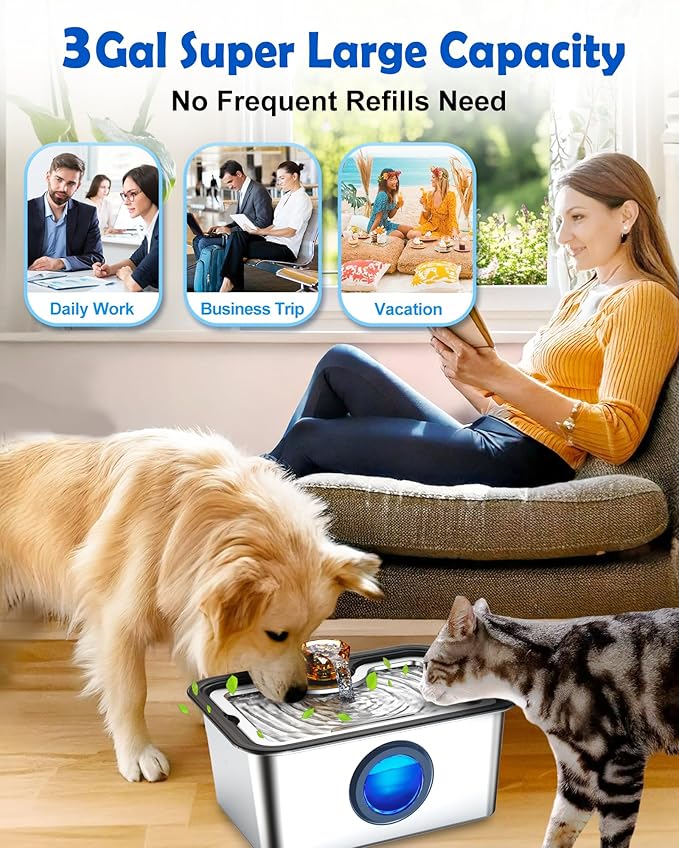 Large Dog Water Fountain SS304,12L Ultra-Purification Pet Drinking Dispenser with Visual Window,Widely Drinking Area,Deep Purification Filter,Triple Waterfall Structure,Low Water Indicator