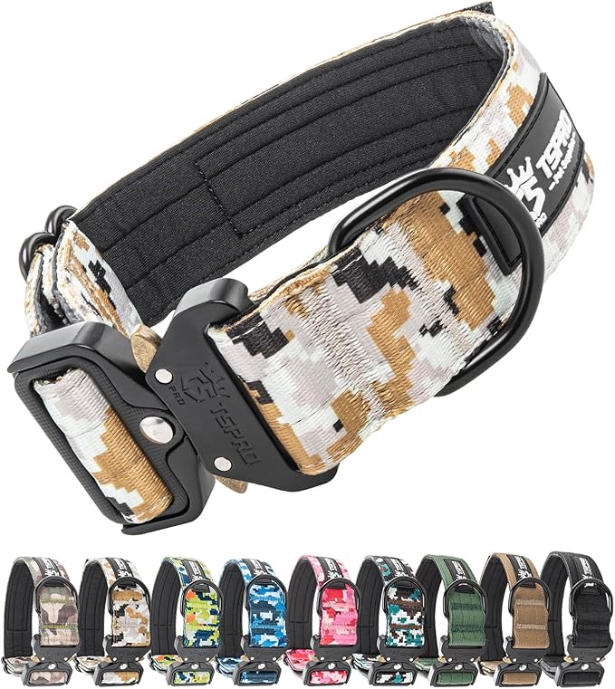 TSPRO Premium Dog Collars Tactical Dog Collar with Patch and Heavy Duty Quick-Release Metal Buckle Durable Thick and Adjustable for Medium to Large Dogs (Camo Khaki M)