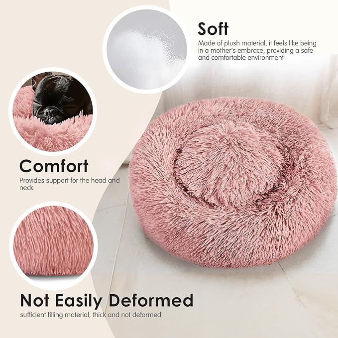 28in Large Dog Bed, Medium Size Dog and Cats, Calming Donut Bed for Puppy and Kitten, Washable Round Fluffy Pet Bed (Pink)