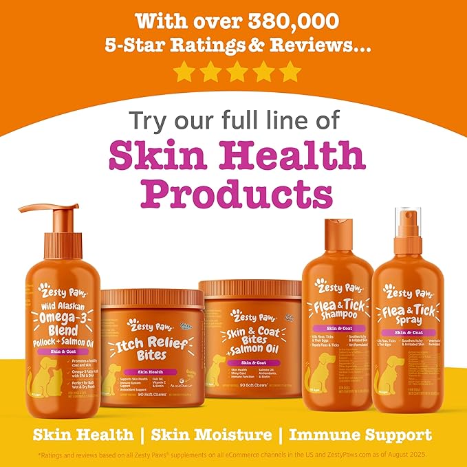 Zesty Paws Itch Relief for Dogs - Chews for Itching Skin & Coat - Omega-3 Fish Oil with EPA & DHA - Dog Allergy Relief Chews Supplement - Vitamin C & E Antioxidant Support - Chicken Flavor - 90 Count