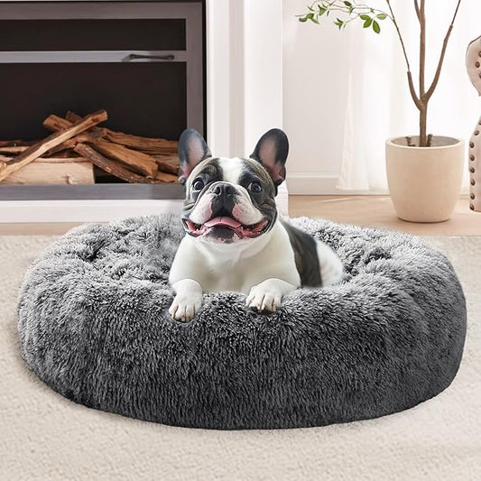 JOLLYVOGUE Calming Dog & Cat Bed for Small Dogs, Anti-Anxiety Donut Cuddler Cozy Soft Round Bed with Anti-Slip Bottom, Fluffy Faux Fur Plush Cushion Beds for Small Medium Dogs, 20"/Smoke Black