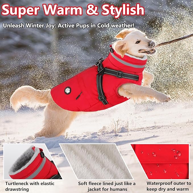 Dogcheer Dog Coat with Harness, Waterproof Dog Jacket, Christmas Puppy Winter Coat with Pocket, Reflective Doggy Turtleneck Puffer Vest for Small Medium Large Dogs - Red, XS