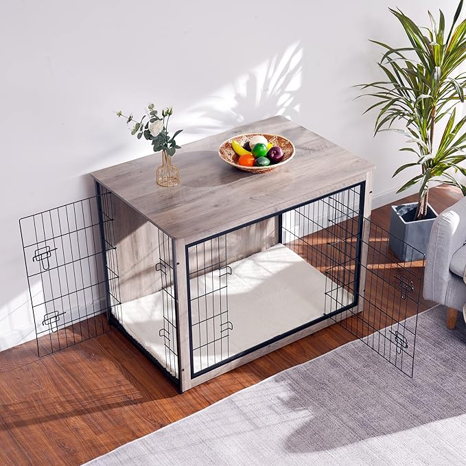 DWANTON Dog Crate Furniture with Cushion, Wooden Kennel Table with Double Doors, Indoor Dog House, Extra Large Size, 43.3" L, Greige