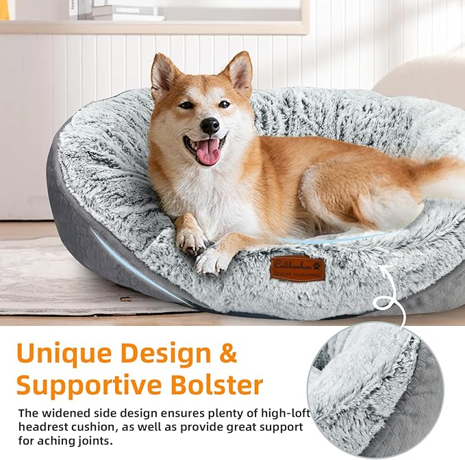 Luxury Calming Pet Bed for Cats & Small Dogs, All-in-One Machine Washable Long Fur Plush with Bolster, Non-Slip Waterproof Bottom & Orthopedic Support for Warmth, 20x19 Inch, Light Grey
