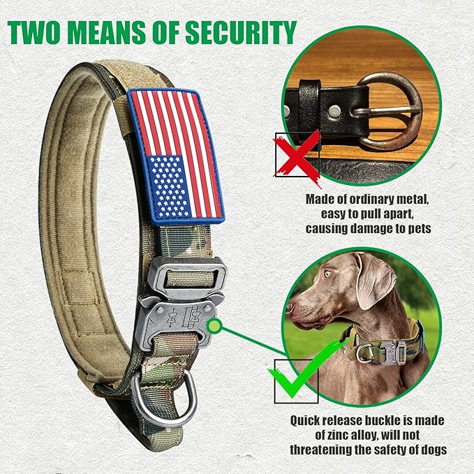 Tactical Dog Collar and Bungee Leash, Camo Military Dog Collar & Leash Set with USA American Flag Adjustable K9 Collar with Heavy Duty Metal Buckle & Handle,with Patches and Airtags Case (M, Camo)