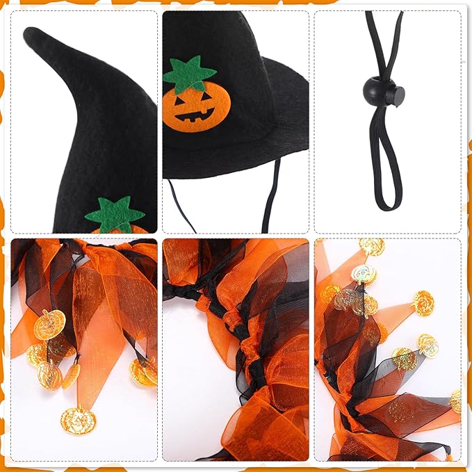Abbylike 8 Pcs Cat Halloween Costume Witch Hat and Tutu Collar with Bells for Cat Halloween Witch Pet Costume Accessories for Small Kitten Dog Cosplay Party Decor