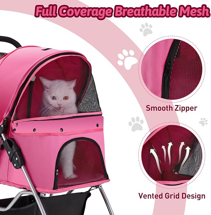 Pet Stroller, 4 Wheels Pet Strolling Cart for Medium/Small Dogs and Cats, Foldable Cat Jogger/Dog Stroller with Cup Holder, Storage Basket, Breathable Mesh, All-Season Pet Carrier, Pink
