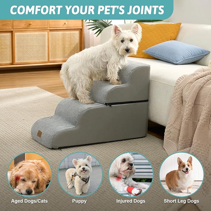 Dog Stairs for Small Dogs 19.7" H, Detachable Dog Step for Puppy or Older Cat, Ramp for Bed, Sofa, Couch or Chair, Ladder with High Density Foam, 15.7x28.3x19.7 inch, 4 Step, Grey