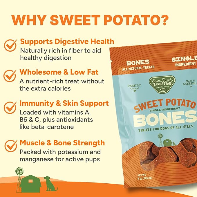 Gaines Family Farmstead Sweet Potato Dog Bones – 8 oz Bag, All-Natural, Single Ingredient, Grain-Free Dog Treats for Digestive Health, High Fiber - Training & Rewards, Made in USA