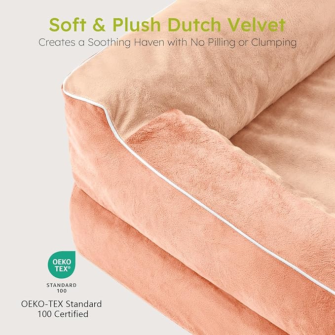 Dog Beds for Large Dogs, Orthopedic Dog Bed with Cooling Gel Memory Foam, Waterproof Large Pet Bed with Removable Washable Cover, 36" Pet Sofa Couch Dutch Velvet with Bone Toy, Peach Pink