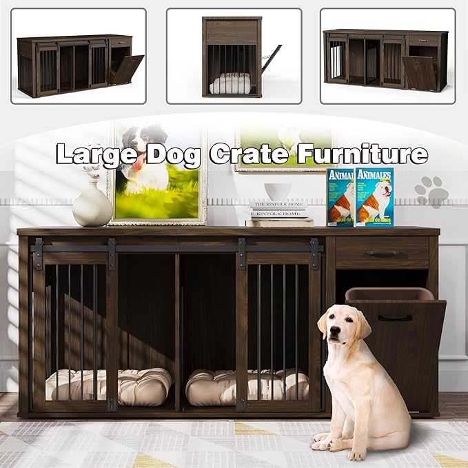 Large Dog Crate Furniture Large Breed,71 Inch Wooden Dog Crate with Tilt Out Trash Cabinet,Drawers,Divider and Sliding Barn Door, Double Doors Dogs Crate for 2 Dogs (Brown)