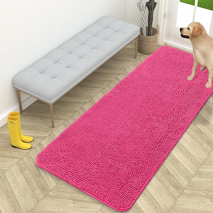 OLANLY Dog Door Mat for Muddy Paws 59x24, Absorbs Moisture and Dirt, Absorbent Non-Slip Washable Doormat, Quick Dry Chenille Mud Mat for Dogs, Entry Indoor Entryway Carpet for Inside Floor, Hot Pink