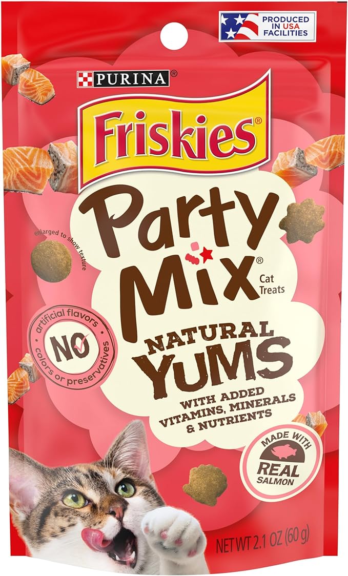 Purina Friskies Natural Cat Treats, Party Mix Natural Yums With Real Salmon and Vitamins, Minerals & Nutrients - (Pack of 10) 2.1 Oz. Pouches