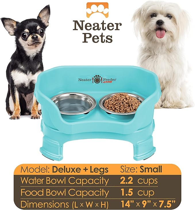 Neater Feeder Deluxe Mess Proof Dog Bowls Elevated for Small Breeds – Made in USA – No Spill Raised Dog Food Bowl Stand w/Leg Extensions – Stainless Steel Dog Food and Water Bowl Set – Teal