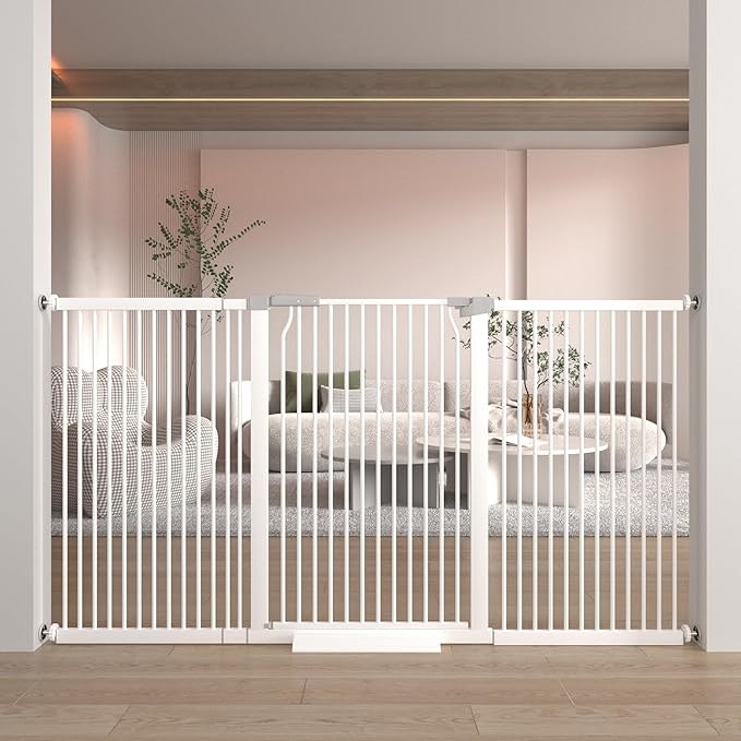 41 Inch Extra Tall Metal Pet Baby Safe Gate for Doorway, 72.3-76.7 Inch Wide Pressure Mounted Cat Gate with Expansion Kit, No Drilling Cat Fence Indoor, White