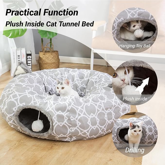 LUCKITTY Geometric Cat Tunnel Bed Under Christmas Tree Oxford Outside with Plush Inside,Cats Toys Collapsible Tunnel Tube with Balls, for Rabbits, Kittens, Ferrets,Puppy 3FT