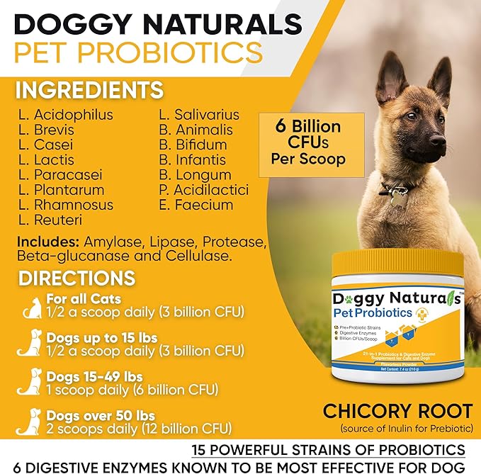Probiotics for Dogs and Cats - Max-Strength with15 Strains Pre &Probiotics Digestive Health, Increase & Maintain Proper Gut Flora(Made in USA) 7.4 Oz (6 Billion CFU Per Scoop)