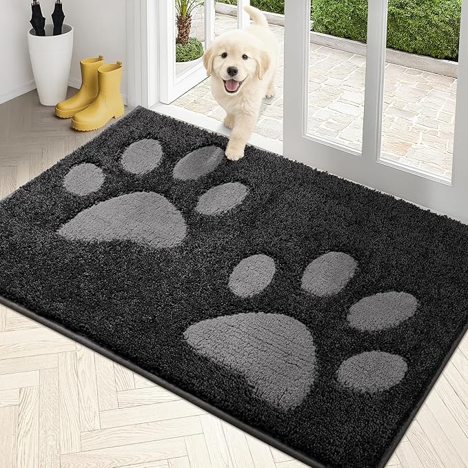 PURRUGS Dirt Trapping Door Mat 33.5" x 59", Non-Skid/Slip Machine Washable Microfiber Entryway Rug, Dog Doormat, Super Absorbent Welcome Mat for Muddy Wet Shoes and Paws, Charcoal