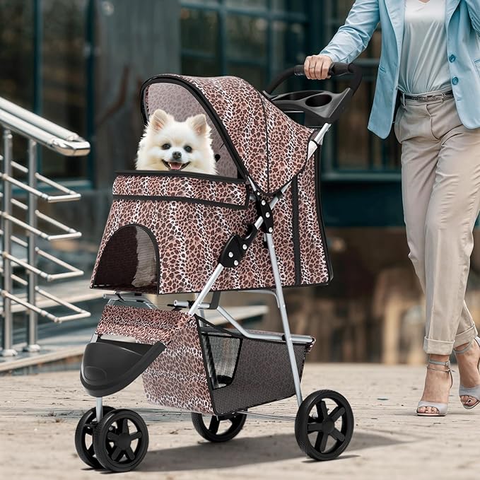 Magshion 3-Wheel Pet Stroller, Foldable Travel Jogger for Small & Medium Dogs & Cats (Up to 33lbs), Lightweight Carrier with Breathable Mesh Cover, Cup Holder & Storage Basket, Leopard Print