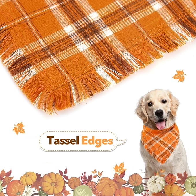 Kytely Fall Thanksgiving Dog Bandanas Large, 2Pack Christmas Halloween Classic Plaid Pet Scarf with Tassels Edges for Boy and Girl, Pet Apparel & Accessories Costume for Puppy Pets