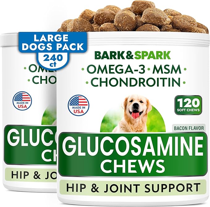 Glucosamine Chondroitin Dog Hip & Joint Supplement - Joint Pain Relief - Hip & Joint Chews for Dogs - Joint Support Large Breed - Senior Doggie Vitamin Pills Joint Health - (240 Treats - Bacon)