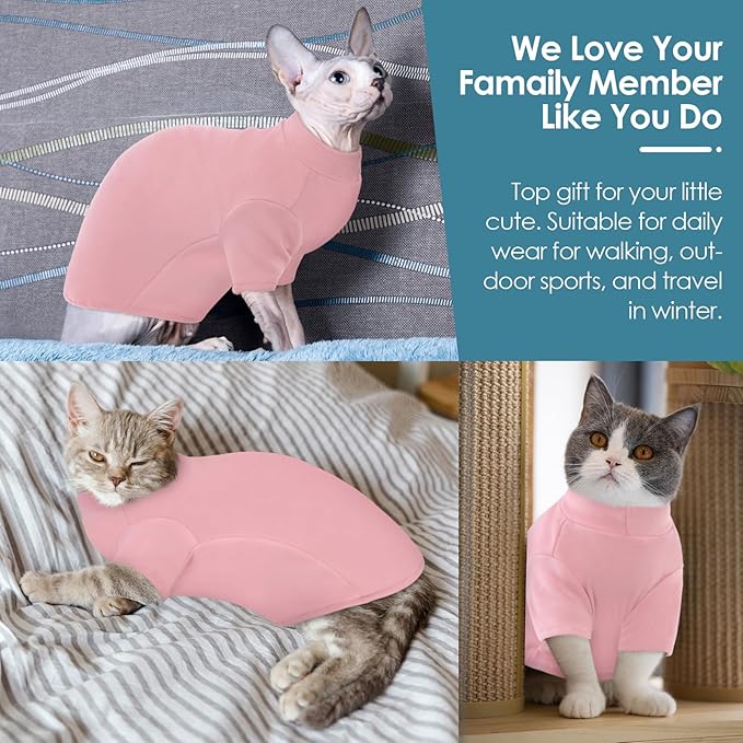 SUNFURA Turtleneck Sweater for Cat, Sphynx Cats Shirt Hairless Cat Sweaters with Sleeves, Warm and Soft Kitten Pullover Fleece Winter Pajamas Jumpsuit for Puppy Cats, Pink XL