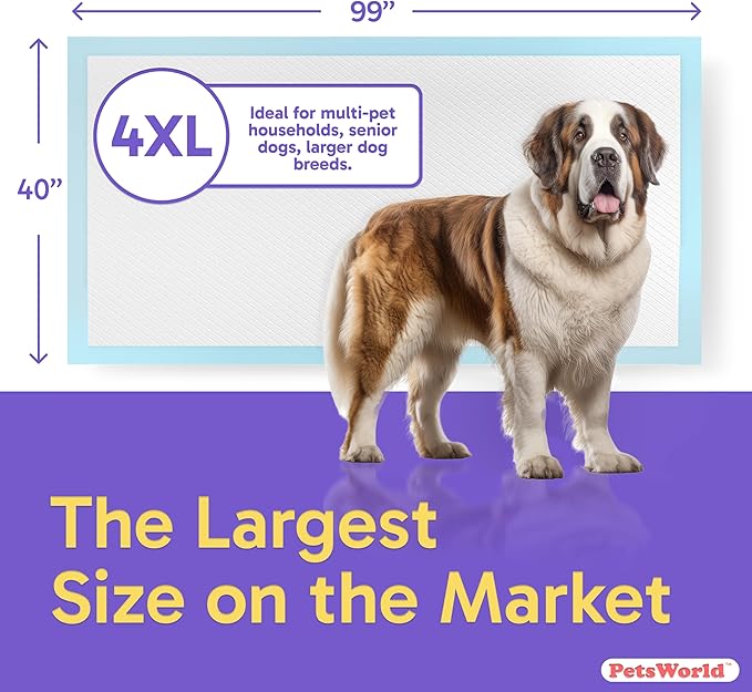 PETSWORLD Mega-Sized Dog Pee Pads (40" x 99") –4XL Gigantic Pet Piddle Pads for Puppy Training, Incontinence–Doggie Absorbent Mat with Adhesive Sticky Tape –Leak Proof, 5-Layer Protection (60 Count)