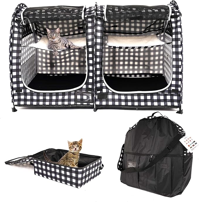 Mispace Portable Twin Compartment Show House Cat Cage/Condo - Easy to Fold & Carry Kennel - Comfy Puppy Home & Dog Travel Crate with Carry Bag/Two Hammocks/Mats and Collapsible Litter Box