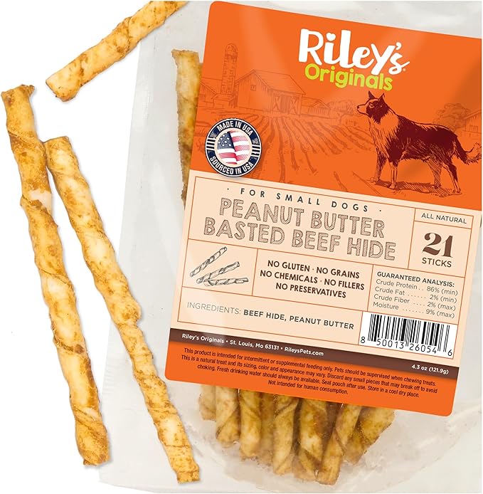 Riley's Peanut Butter Beef Hide Dog Treats, USA Sourced & Made Rawhide Chew Sticks, Raw Hides for Small Dogs, 21 ct
