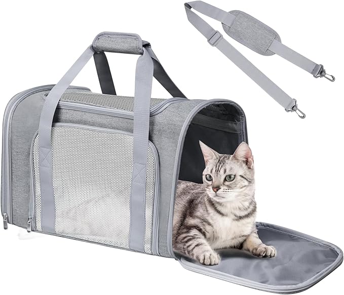 Airline Approved Pet Carrier 17"x11"x11" – Soft Sided Cat Dog Travel Bag for Small Pets up to 15 lbs, Portable Collapsible Pet Carrier Under Seat with Mesh Ventilation & Shoulder Strap (Grey)