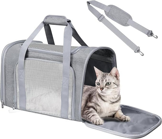Airline Approved Pet Carrier 17"x11"x11" – Soft Sided Cat Dog Travel Bag for Small Pets up to 15 lbs, Portable Collapsible Pet Carrier Under Seat with Mesh Ventilation & Shoulder Strap (Grey)