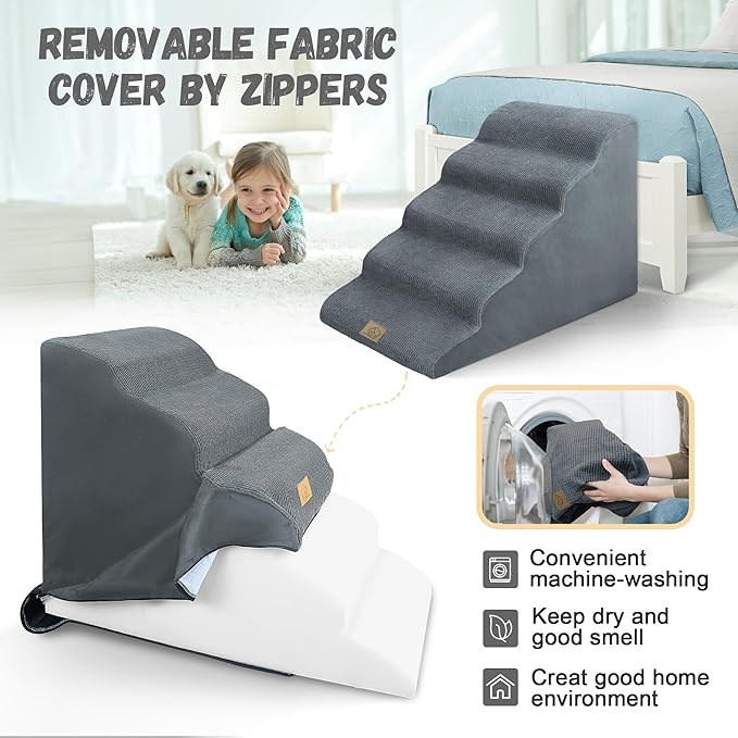 23-Inch Dog Stairs for High Beds, 5-Step Foam Slope Dog Stairs to Beds, Friendly to Old,Joint Injury,Short Leg Pets,Non-Slip Bottom Pet Ramp - Machine Washable,Gift 1 Lint Roller Set
