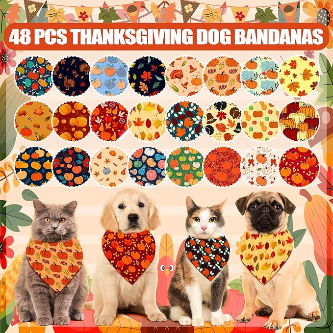 Sanwuta 48 Pcs Dog Bandanas Bulk Pet Bibs Colorful Scarf Pet Bandanas Handkerchief Scarf Breed Accessories for Small Medium Large Dogs Girl Boy Adjustable Puppy Bandana Breed Bib (Thanksgiving)
