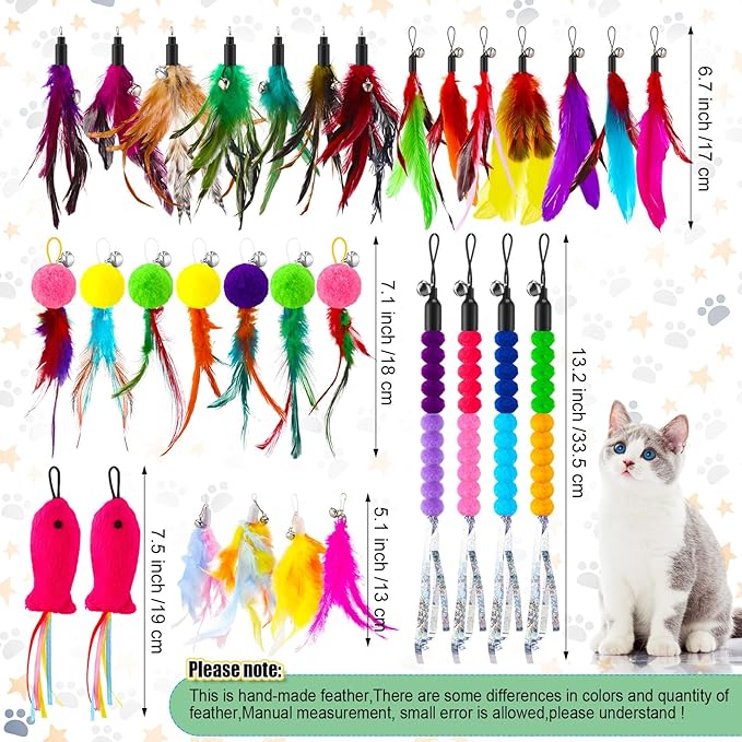 50 Pcs Cat Feather Toys Refill Cat Wand Replacement Feathers with Bells Interactive Pet Wand Attachment Toys