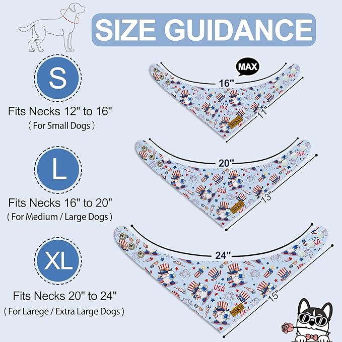 4th of July Dog Bandanas with Snap Button, 2 Pack American Flag Pet Scarf for Boy & Girl, Premium Durable Fabric, Adjustable Fit, Patriotic Bandana for Medium and Large Dogs (Large)