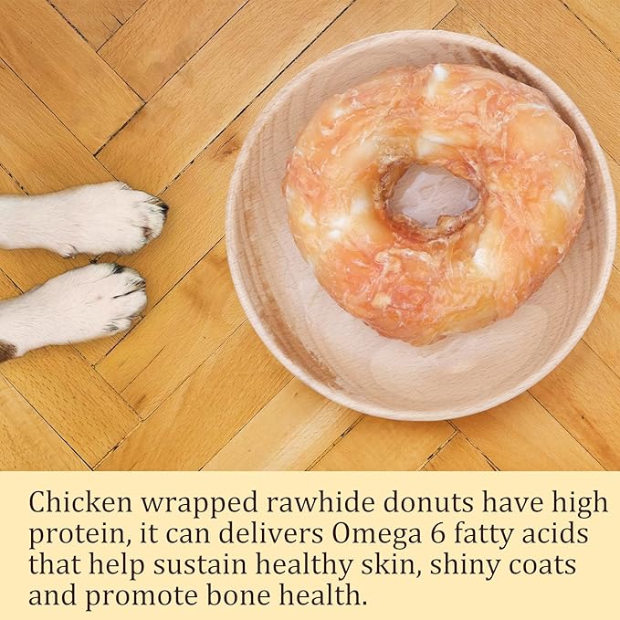 Dog Treats Large Breed, Chicken Wrapped Rawhide Donuts Ring, Rawhide Dog Chews Long Lasting, Grain Free Snacks with Taurine for Medium Large Dogs, 4 Counts