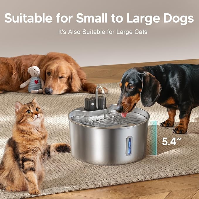 Voluas Dog Water Fountain: 1.8Gal/7L Wireless Stainless Steel Dog Fountain Bowl for Small to Large Dogs, Battery Operated Pet Water Dispenser Indoor with Ultra-Quiet Pump, Multi-Filtration, Easy Clean